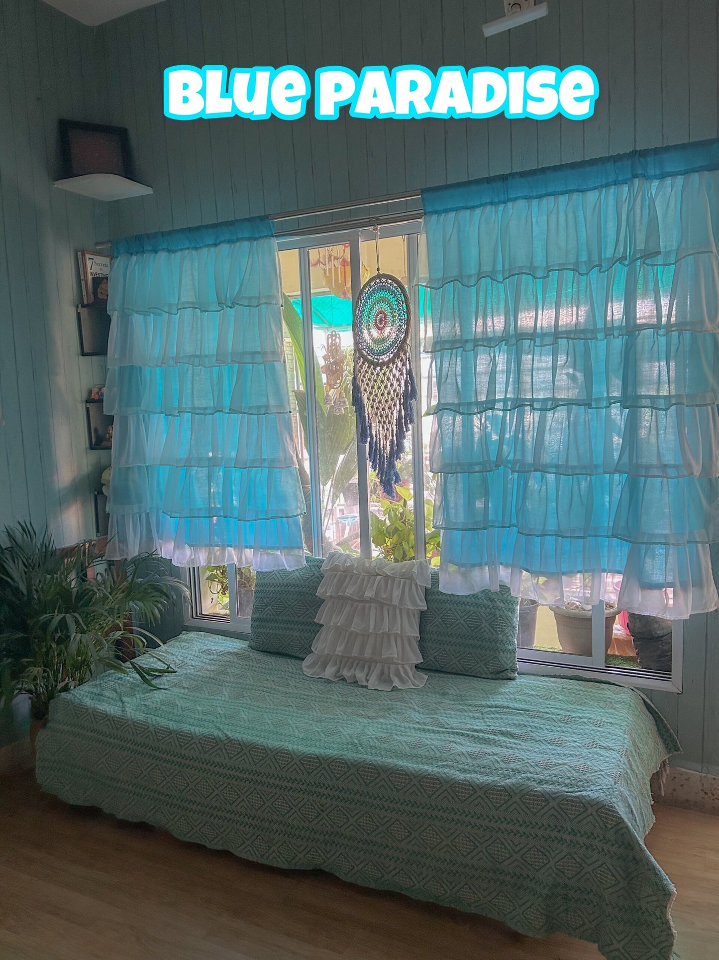 Room decor combo - Curtains, Dreamcatcher and Sofa throws - Blue