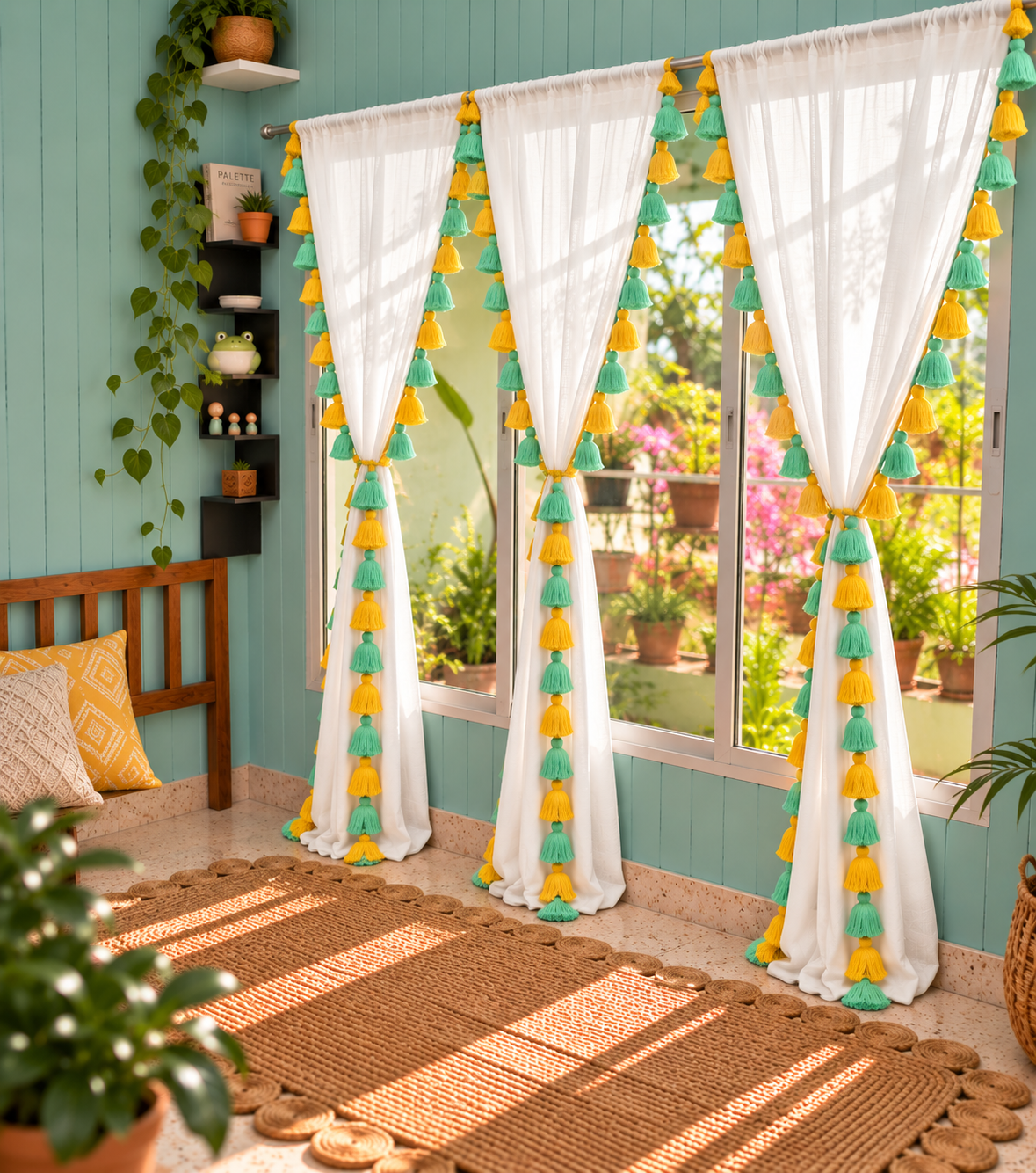Tassel Curtain - Green and Yellow tassels