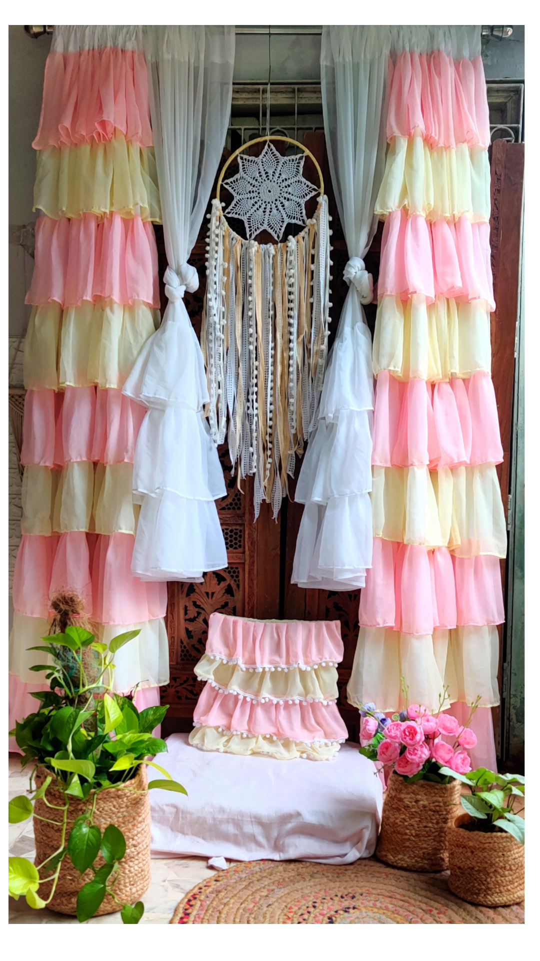 Pastel Room Decor Combo - Ruffled Curtains and Dreamcatcher