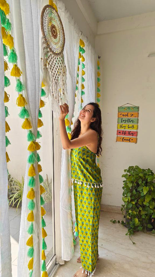 Tassel Curtain - Green and Yellow tassels