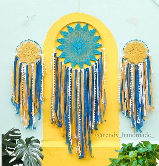 Set of 3 Blue yellow Laces Big Wall Hanging Dreamcatcher