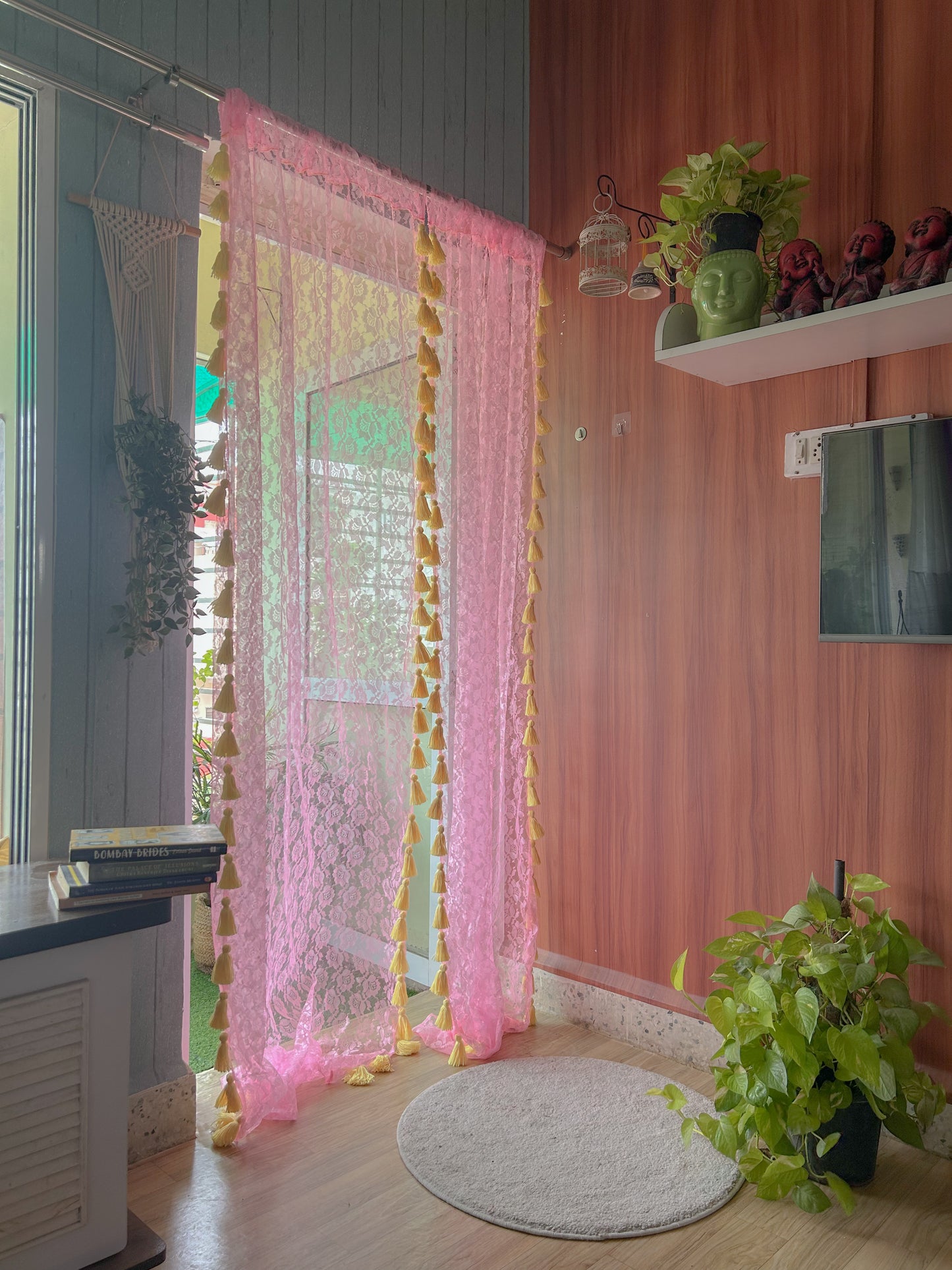 Sheer Net Tassel Curtains - Pink And Yellow