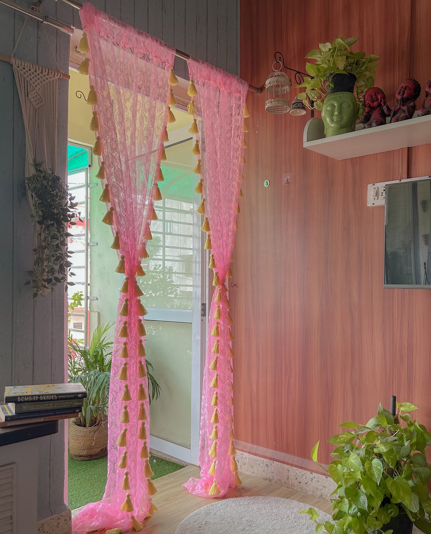 Sheer Net Tassel Curtains - Pink And Yellow