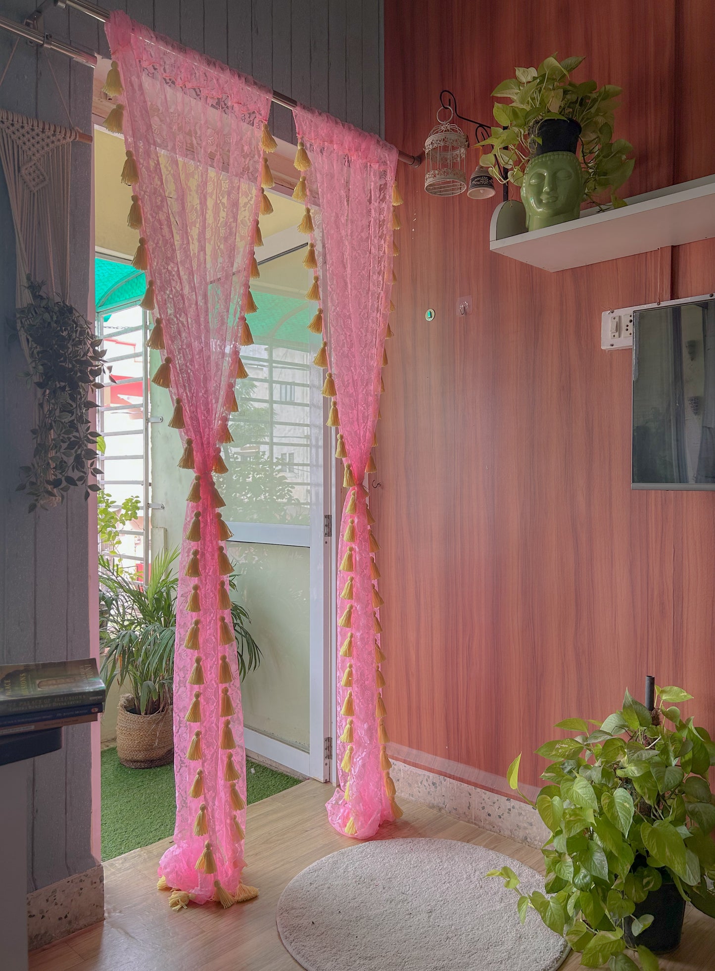 Sheer Net Tassel Curtains - Pink And Yellow