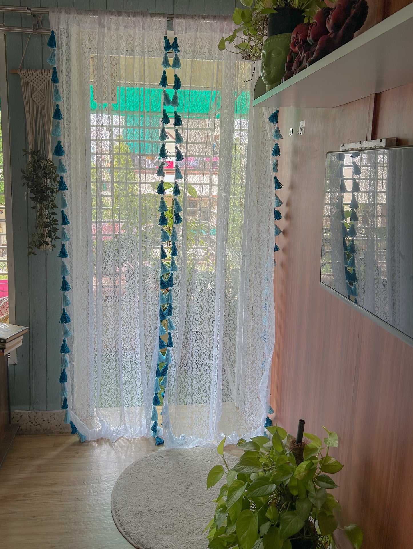 Sheer Net Tassel Curtains - Shades Of Blue