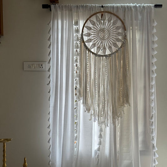 White cotton tassel curtains